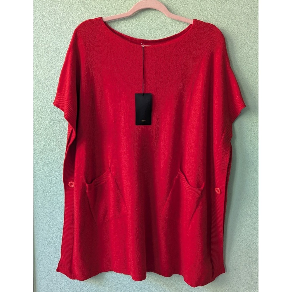 C. Valentyne Italy Tomato Red Cashmere Blend Open Side Poncho Sweater NWT